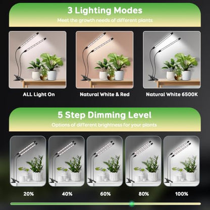 SDOVUERC Full Spectrum 2026 Grow Lights for Indoor Plants, Dual Head Clip Plant Lights with 6/12/18H Timer,3 Light Modes,5 Dimming Level for Plant Growing(Pack 2) - size: 2 Heads(Pack 2)