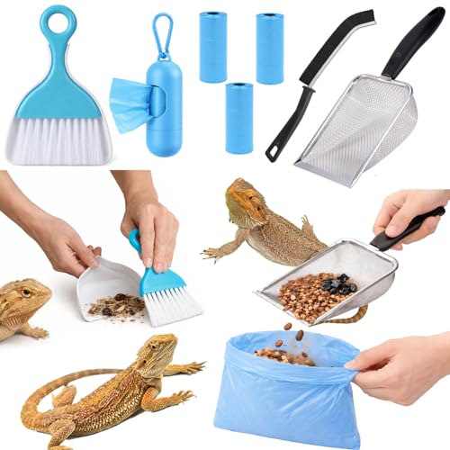 Reptile Sand Scoop Cleaning Kit for Bearded Dragon & Leopard Gecko Tank Accessories – Reptile Sand Sifter, Reptile Litter Scoop, Mini Brush & Dustpan, Hanging Waste Bag Dispenser