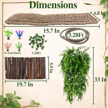 HERCOCCI Bearded Dragon Tank Accessories, 9Pcs Reptile Plants Vines Hammock | Flexible Bridge with Suction Cups Terrarium Habitat Décor for Snake Gecko Lizard Chameleon