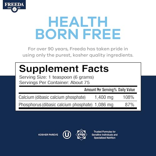 Freeda Calcium Phosphate Powder Mineral Supplement - 16 oz | Kosher Calcium and Phosphorus Powder Supplement to Support Bone Strength & Joint Health for Men, Women, Dogs, and Cats - size: 1 Pound (Pack of 1)