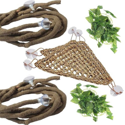 PINVNBY Bearded Dragon Hammock Jungle Climber Vines Flexible Reptile Leaves with Suction Cups Habitat Decor for Climbing, Chameleon, Lizards, Gecko, and Snakes（6 PCS） - size: 6 PCS