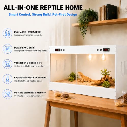 Reptile Tank PVC Enclosure with Dual-Zone Temp Control, White | Reptile Tank PVC Terrarium with Viewing Window, Ventilation Grilles, E27 Lamp Support, for Bearded Dragon Snake Turtle Gecko
