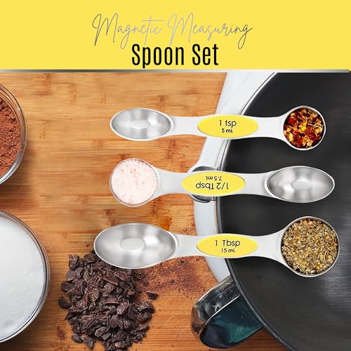Magnetic Measuring Spoons Set of 9 Stainless Steel Dual-Sided Stackable Measuring Spoon Nesting Teaspoons Measuring Dry and Liquid Ingredients, Fits in Spice Jars Set of 9 (Yellow) - color: Yellow