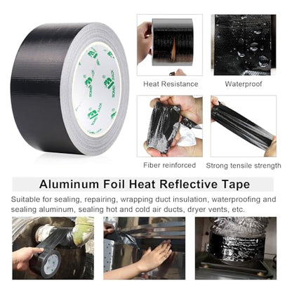 BOMEI PACK Adhesive Black Aluminum Foil Heat Shield Tape Barrier 2in x 66ft, Fiberglass Thermal Insulation Reflective Material High Temp Protection 1Pack - size: 2inch x 66ft