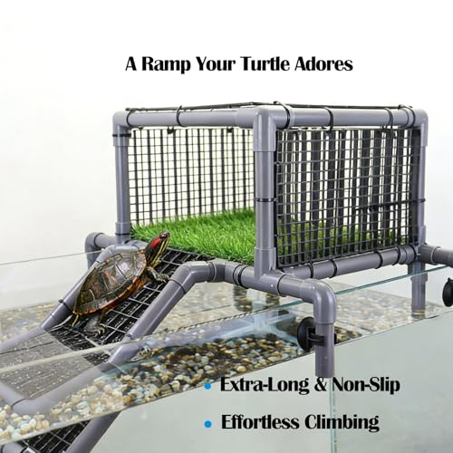 Elevated Turtle Basking Platform Above Tank, Turtle Topper Dock with Non-Slip Ramp and Grass, Extra Large Loft for 18-20” Wide 75/90/125 Gal (Grey/Black) - size: Extra Large (fits 18‑20 inch wide turtle tanks)
