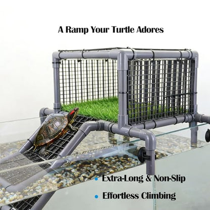Elevated Turtle Basking Platform Above Tank, Turtle Topper Dock with Non-Slip Ramp and Grass, Extra Large Loft for 18-20” Wide 75/90/125 Gal (Grey/Black) - size: Extra Large (fits 18‑20 inch wide turtle tanks)