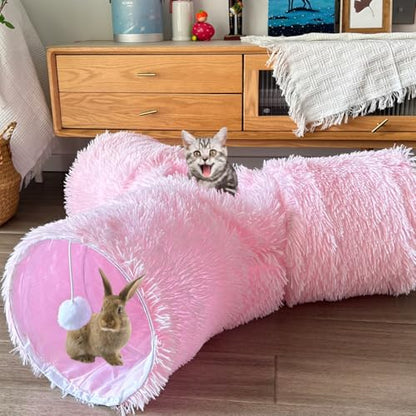 3-Way Collapsible Cat Tunnel Tube Toy Pink Plush | Interactive Play Tunnel with Hanging Ball & Peek Hole for Indoor Cats, Kittens, Puppies & Rabbits | Hours of Fun & Exercise - color: Pink Plush