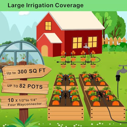 250FT Drip Irrigation System Kit, 50FT 1/2" Main Tube & 200FT 1/4" Tubing, Quick Connect Design, Brass Splitter, Adjustable Emitters & Misting Sprayers for Garden, Lawn, Raised Beds, Outdoor Plants - size: 246FT (46FT 1/2 Inch+200FT 1/4 Inch）
