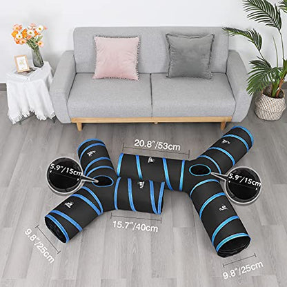 Pawaboo Cat Tunnel Tube 3-Way Tunnels, Blue, 25x53cm | Extensible Collapsible, Cat Play Tent Interactive Toy Maze, Cat House Bed, With Balls and Bells - color: A-Blue, size: 3 Way