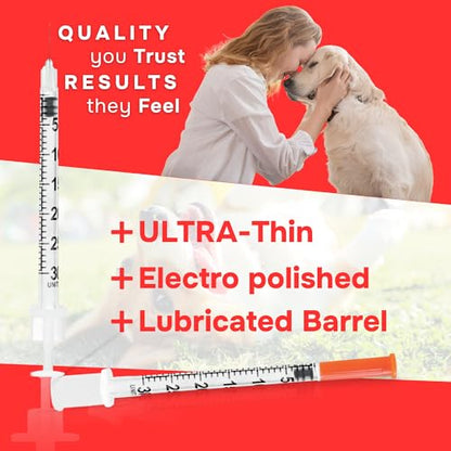 U-100 Pet -Veterinary Syringe 29G x 1/2" (12.7mm), 0.3ml (0.3cc) | Size 0.3 ml/cc, 50/bx, for Dogs & Cats, Veterinary Use Only, Half-Unit Markings, Clear Barrel, Fine Tip
