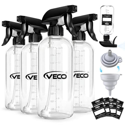 Veco 15oz Graduated Spray Bottles, 4-Pack — 360° Any-Angle Spraying for Easy Dilution, Leak-Resistant spray bottles for Cleaning, Plants, Hair & Pet Use + Foldable Funnel - size: 15oz