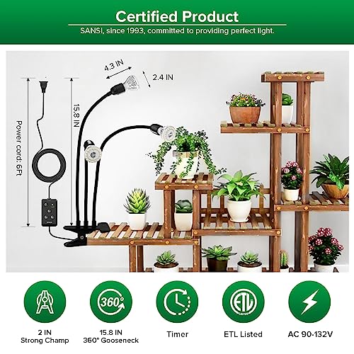 SANSI LED Grow Lights for Indoor Plants, Lifetime Free Bulb Replacement | 450W Full Spectrum 3-Gooseneck Clip Plant Grow Light, Plant Light with Timer 4/8/12 Hrs, High PPFD Growing Power Grow Lamp - size: 3 Head 1 Pack