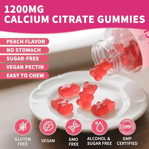 (3 Pack) Calcium Citrate Gummies 1200 mg for Adults, High Absorption Calcium Supplement for Women & Men, Sugar Free, Non-GMO, Gluten Free, Supports Muscle & Immune - Natural Peach Flavor - size: 60 Count (Pack of 3)