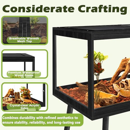 Bearded Dragon Tank with Leg Stand 22 Gallons, Wooden Lizard Tank,Reptile Tank with Metal Mesh Roof Door, Acrylic Panel Snake Tank with Lock Design (Black, 24"x16"x16") - color: Black, size: 24"x16"x16"