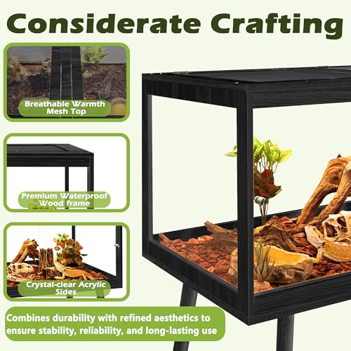 Bearded Dragon Tank with Leg Stand 62 Gallons, Acrylic Panel Lizard Tank, Reptile Tank with Metal Mesh Roof Door (Black, 40"x20"x20") - color: Black, size: 40"x20"x20"