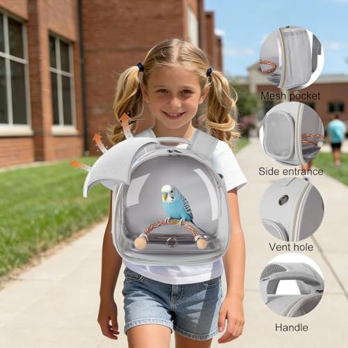 Small Bird Travel Backpack Carrier Cage, Backpack to Transport Backpack Carrier with Metal Tray Stand Perch for Parakeet Cockatiel Budgies Vet Carry Book Bag Grey - color: Grey