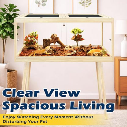 Bearded Dragon Tank with Leg, 80 Gallon Tempered Glass Lizard Tank, Reptile Enclosure with Metal Mesh and Lockable Door, Reptile Tank for Snakes,Chameleon (Oak, 48x19x19 Inch)
