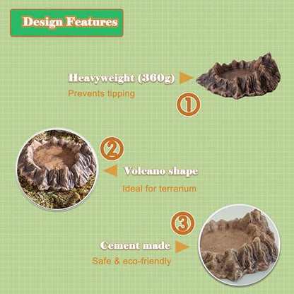 Reptile Water and Food Bowl with Feeding Tweezers Volcanic Rock Style Cement Feeding Dish for Bearded Dragon Leopard Gecko Lizard and Snake Non-Tip Terrarium Decor Landscape Accessory (Brown)