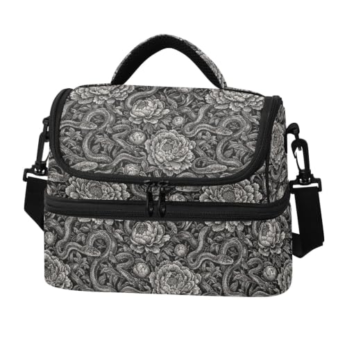 Emelivor Snake Flower Insulated Lunch Bag Tote Organizer for School | 8L Double Deck,Large Lunch Box with Shoulder Strap,Thermal Meal Prep Cooler,Suitable for School Work Picnic Office Travel