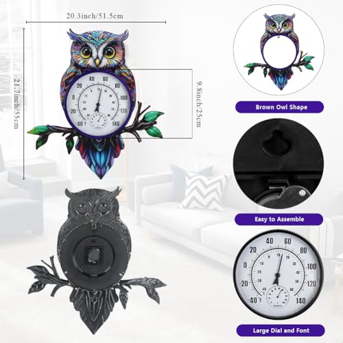 Large Outdoor Thermometer, Printed Owl Wall Thermometer | 22" Metal Indoor & Outside Thermometer with Large Number for Patio Home Room Decor - color: Multi Owl