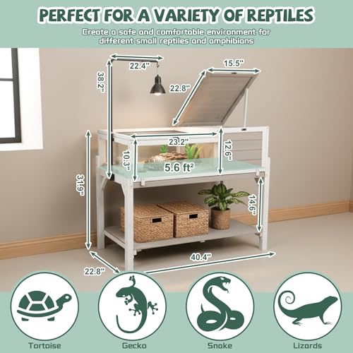 Large Tortoise Habitat with Adjustable Lamp Stand & Storage Shelf, Wooden Tortoise Enclosure with Viewing Window, Pull-Out Tray, 2-Room Reptile Turtle Enclosure House Indoor & Outdoor, Grey - size: 40.4"L x 23"W x 32"H