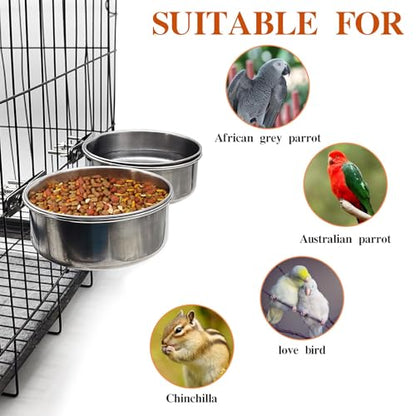 PINVNBY 2pcs Stainless Steel Bird Bowl Feeding Dish Cups for Parrot, Parakeet, African Greys, Conure, Cockatiels, Lovebird, Budgie, Chinchilla (L)