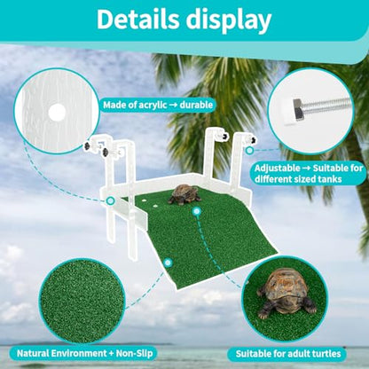 Hanging Turtle Basking Platform,with a Non-Slip Lawn That Covers Platform and Ramp,Adjustable,Fit for 15.6-19.5 Inches Width Tank,Essential for Turtle Tank Aquatic Turtles