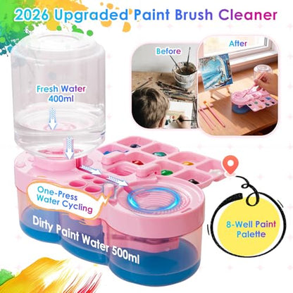 Paint Brush Washer, Deep-Clean Leak-Proof Kit with Palette | Includes: 5 canvases, 20 brushes & case, 400ml clean/500ml waste tank, durable ABS, ideal gift for beginners/students, pink - color: Pink