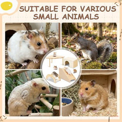 BreezeHug 4 Pcs Hamster Cage Accessories Hamster Platform Hideout Wooden Tunnel Ladder Playhouse Game Climbing Toy with Platform for Pets Dwarf Syrian Mice Degus Gerbils Squirrel(Log Cabin) - style: Log Cabin