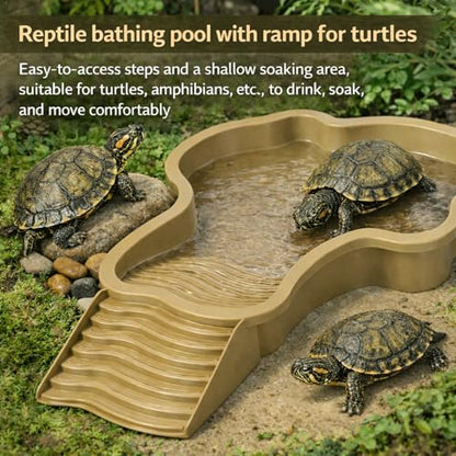 Large Turtle Water Bowl, Reptile Bathing Pool Tortoise Water Dish Bearded | Dragon Water Fountain Non-Slip Reptile Food Dish for Tortoise Gecko Lizard Snake Terrarium Habitat (Brown) - color: Brown