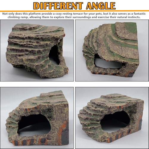 kathson Small Turtles Basking Platform,Resin Reptile Hideouts Cave Habitat Decor,Tortoise Hide Cave with Climbing Ramp Step,Bearded Dragons Hide Basking Rocks Accessories for Lizard,Gecko,Frog