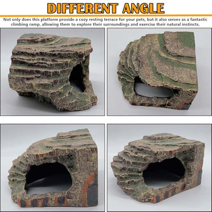 kathson Small Turtles Basking Platform,Resin Reptile Hideouts Cave Habitat Decor,Tortoise Hide Cave with Climbing Ramp Step,Bearded Dragons Hide Basking Rocks Accessories for Lizard,Gecko,Frog