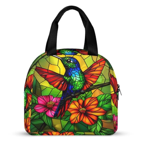 Stained Glass Hummingbird Lunch Bag for Women Men | Insulated Lunch Box Leakproof Food Meal Containers Reusable Foldable 6L Capacity Lunch Tote Bags for Work Picnic Travel - color: style-12