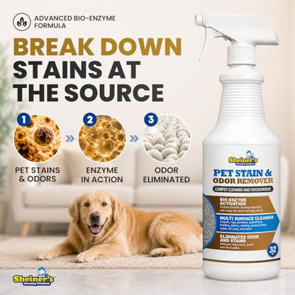 Sheiner's Pet Stain Remover & Pet Odor Eliminator, Advanced Cleaning Bio-Enzyme Cleaner Solution for Carpets, Rugs, Upholstery & Multi-Surfaces, Safe for Pets & Kids. (32 oz) - size: 32 Fl Oz (Pack of 1)