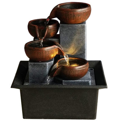 Indoor Desktop Fountain 4-Tier Desktop Fountain with Warm LED Lights & 3-Speed Adjustable Pump - Ideal for Bedrooms, Offices & Home Décor