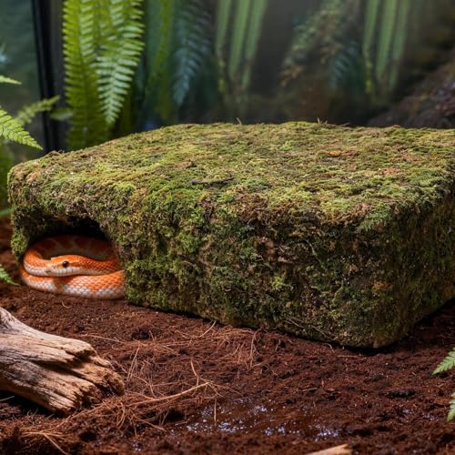 Yellow Mossy Cave Hide for Reptiles, Lizard Gecko Snake Shelter Hut | Yellow Color Lizard Moss Hideout, Snake Cave Hut, for Themed Terrarium Ideal for Gecko Hamster Snake to Rest & Hide