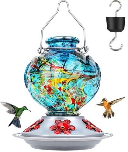 Hummingbird Feeders for Outdoors Hanging, Hand Blown Glass, Blue | 22oz, with Ant Moat, 5 Bee-Proof Ports, Leak-Proof, 360° Perch, Easy Refill & Clean, Garden Decor Gifts for Women Men Mom Dad - color: Blue