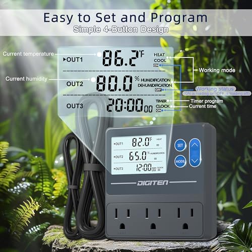 DIGITEN Reptile Temp & Humidity Controller with Timer Outlet | Temperature Control, Humidity Control, Timer, 3-Stage Outlet, Day-night Thermostat For Reptile, Mushroom, Homebrew