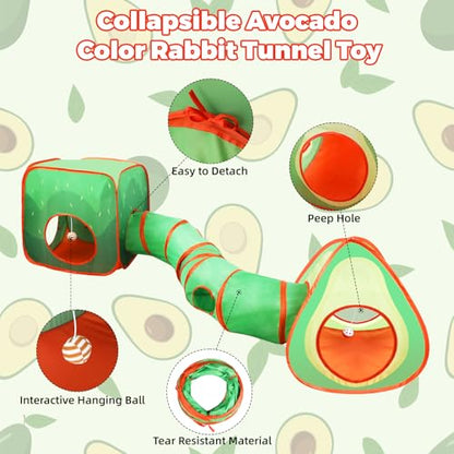 YUEPET Rabbit Tunnel & Cube Tent, Bunny Hideout, Guinea Pig Tunnel, Avocado | Foldable 3-in-1 Set, Bunny Tunnel, Crinkle Fabric, Play Ball Included, Configurable Shapes - color: Avocado