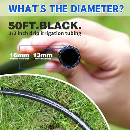 50 FT 1/2 Inch Drip Irrigation Tubing Main Drip Line Hose Tube for Garden Watering Landscape Irrigation System (Includes 2 Pack 6-Way Connector and 1/2" Straight Connector) - size: 50FT 1/2" Main Tube