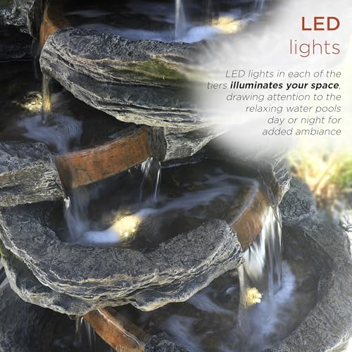 Alpine Corporation WIN1146 Outdoor Floor Cascading 8 Tiered Rock Garden Water Fountain with LED Lights, 58", Gray - style: 58" H - 8-Tier Warm White LEDs