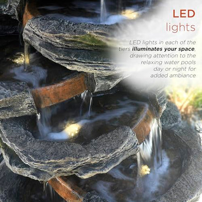 Alpine Corporation WIN1146 Outdoor Floor Cascading 8 Tiered Rock Garden Water Fountain with LED Lights, 58", Gray - style: 58" H - 8-Tier Warm White LEDs