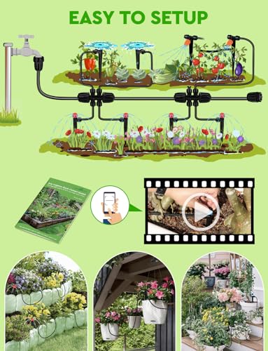 Drip Irrigation System, 40FT 1/2" Mainline & 100FT 1/4" Tubing, with Adjustable Drip Emitters Misting Sprinkler, Efficient Sprinkler System Kit for Flower Bed, Raised Bed, Greenhouse, Lawn - size: 140 FT