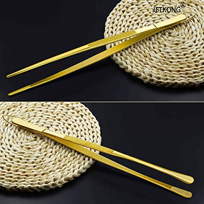 JETKONG 2 Pcs 12-Inch Cooking Tweezers Stainless Steel Food Tweezers Kitchen Tweezer Tongs (Gold) - color: Gold, size: 12+12 Inch
