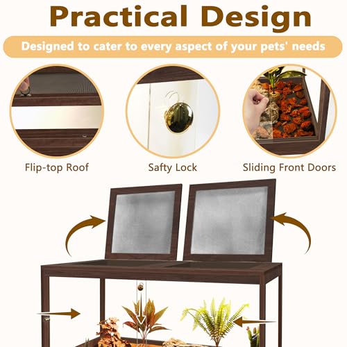 Bearded Dragon Tank 34 Gallon, 32 x 16 x 16 Inch Wooden Reptile Enclosure with Metal Mesh Top, Clear Acrylic Sliding Doors and Lock, Large Lizard and Snake Tank, Walnut - color: Walnut, size: 34 Gallons