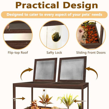 Bearded Dragon Tank 34 Gallon, 32 x 16 x 16 Inch Wooden Reptile Enclosure with Metal Mesh Top, Clear Acrylic Sliding Doors and Lock, Large Lizard and Snake Tank, Walnut - color: Walnut, size: 34 Gallons