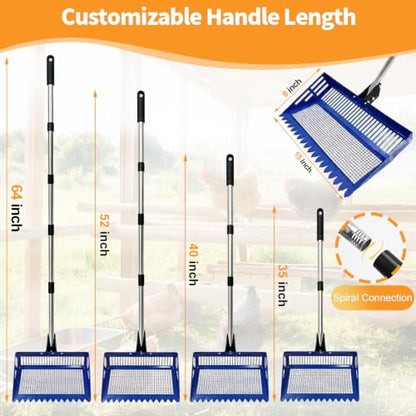Chicken Poop Scooper Rake, 2-in-1 304 Stainless Steel 15 Inch Scoop | 35-63 Inch Adjustable Handle, Durable 304 Stainless Steel, Sand & Litter Sifting, Chicken Coop & Pet Waste Cleaning - color: blue