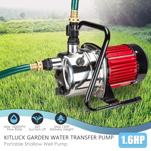 Water Transfer Garden Pump, 1.6 HP 1000GPH Portable Electric Shallow Well Jet Pump, Stainless Steel Sprinkler Pressure Booster Pump for Pool Draining, Lawn Fountain, Irrigation, Water Removal - style: 1.6HP