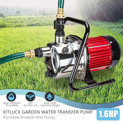 Water Transfer Garden Pump, 1.6 HP 1000GPH Portable Electric Shallow Well Jet Pump, Stainless Steel Sprinkler Pressure Booster Pump for Pool Draining, Lawn Fountain, Irrigation, Water Removal - style: 1.6HP