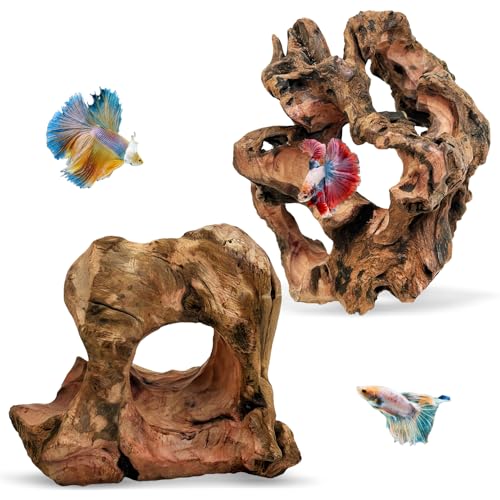 PINVNBY 2 PCS Betta Fish Hideout Natural Wood Aquarium Cave Driftwood Aquascaping Fish Tank Decorations for Shrimp Crayfish and Other Small Aquatic Pets